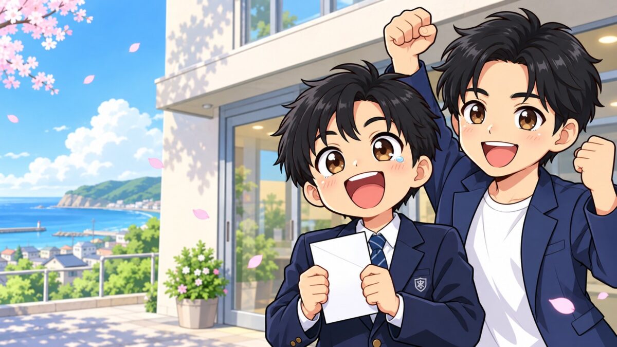 合格を報告に来た制服の中学3年生と、こぶしを上げて一緒に喜ぶ塾長。春の塾の玄関先。