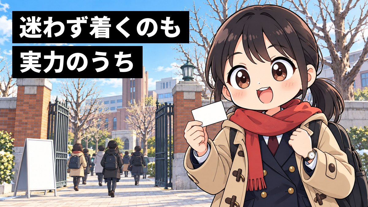 冬の晴れた朝、東京の大学の門の前で、コートとマフラー姿の安房高校の制服の女子高校生が、受験票を手に自信のある笑顔で立っている。「迷わず着くのも実力のうち」の文字。