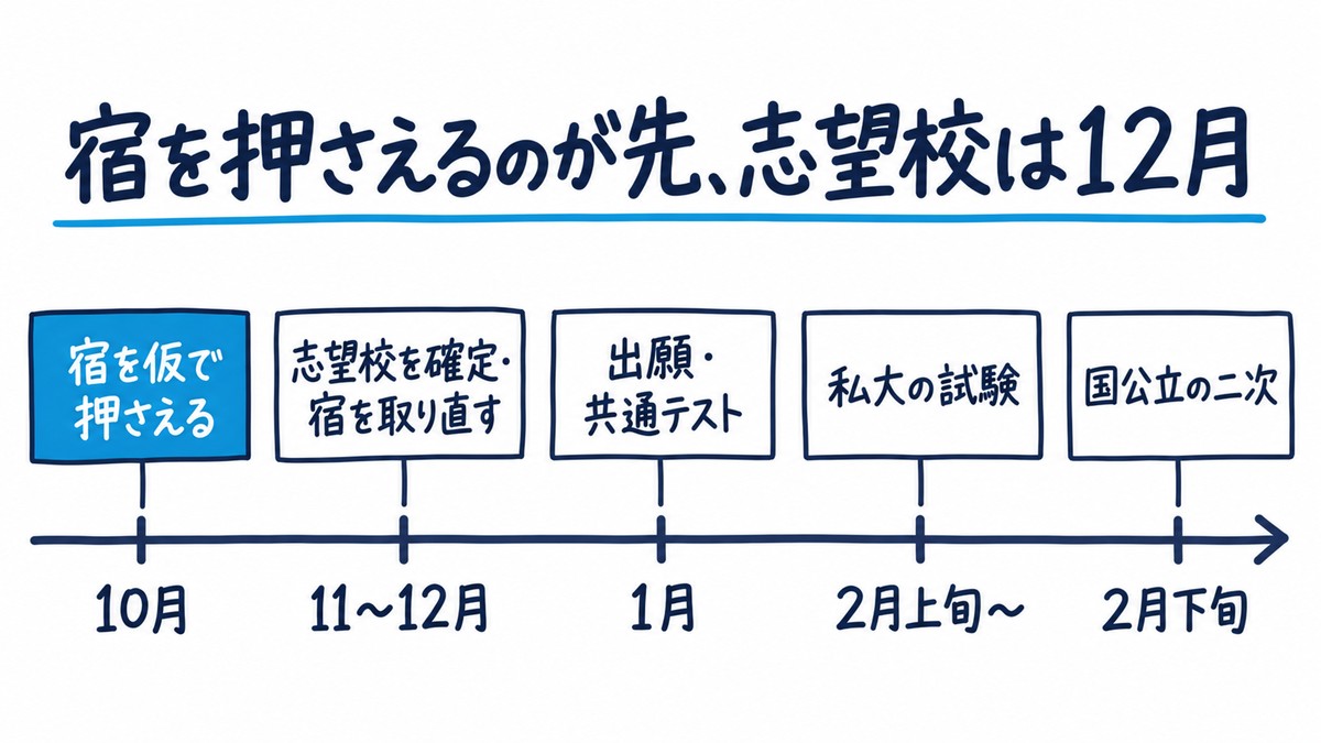 これからの日程の手描き図解。横向きの時間の矢印に、10月「宿を仮で押さえる」(青)、11〜12月「志望校を確定・宿を取り直す」、1月「出願・共通テスト」、2月上旬〜「私大の試験」、2月下旬「国公立の二次」が並ぶ。見出しは「宿を押さえるのが先、志望校は12月」。