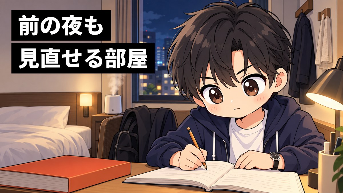 東京のビジネスホテルの1人部屋で、私服の男子高校生が机の明かりの下でノートを見直すことに没頭している。加湿器から湯気、窓の外は夜の街。「前の夜も見直せる部屋」の文字。
