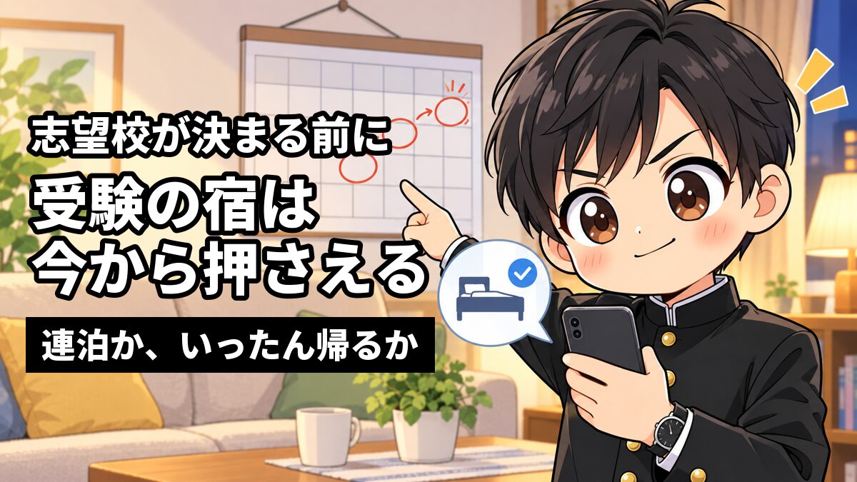 家のリビングで、安房高校の学ランを着た男子高校生が、壁のカレンダーの丸を指さしながらスマホで宿を予約し、きりっとした顔でうなずいている。「志望校が決まる前に」「受験の宿は今から押さえる」「連泊か、いったん帰るか」の文字。