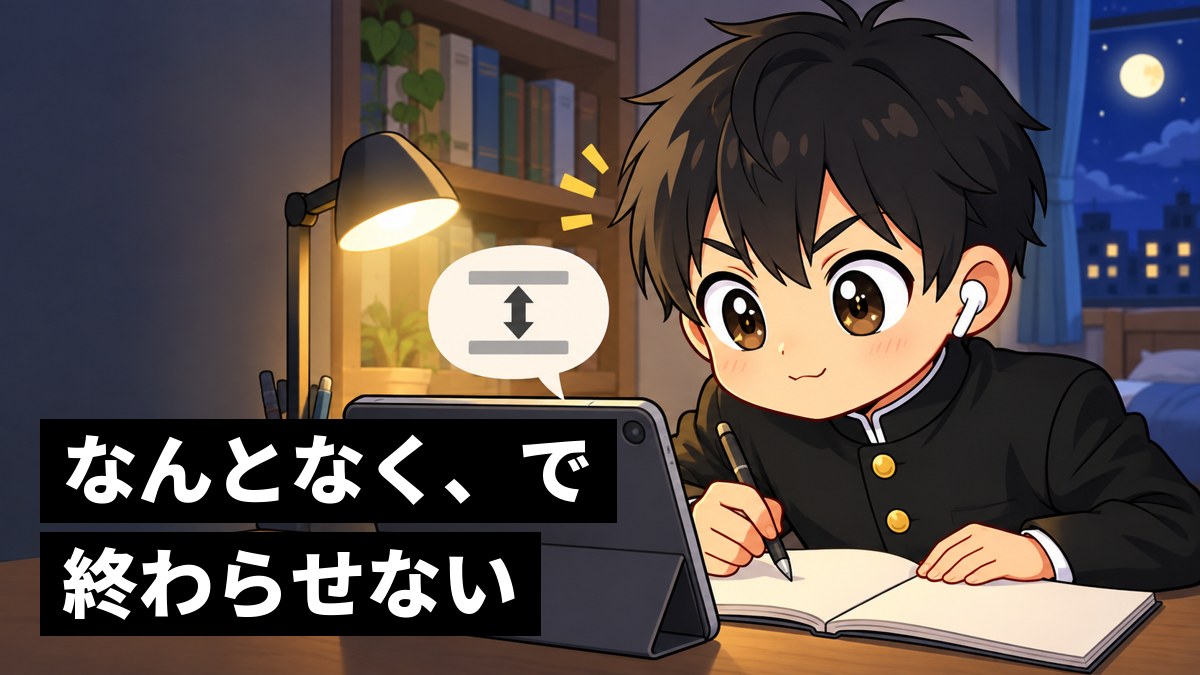 夜、自分の部屋の机でイヤホンをつけ、タブレットの映像授業に夢中で身を乗り出す学ラン姿の男子高校生。「なんとなく、で終わらせない」の文字。