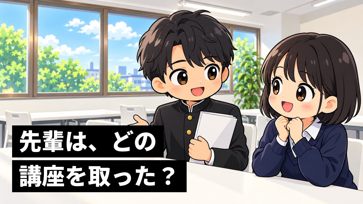 東進の校舎の机で、先輩の男子高校生から講座の話を聞き、ぱっと笑顔でうなずく後輩の女子高校生。「先輩は、どの講座を取った?」の文字。