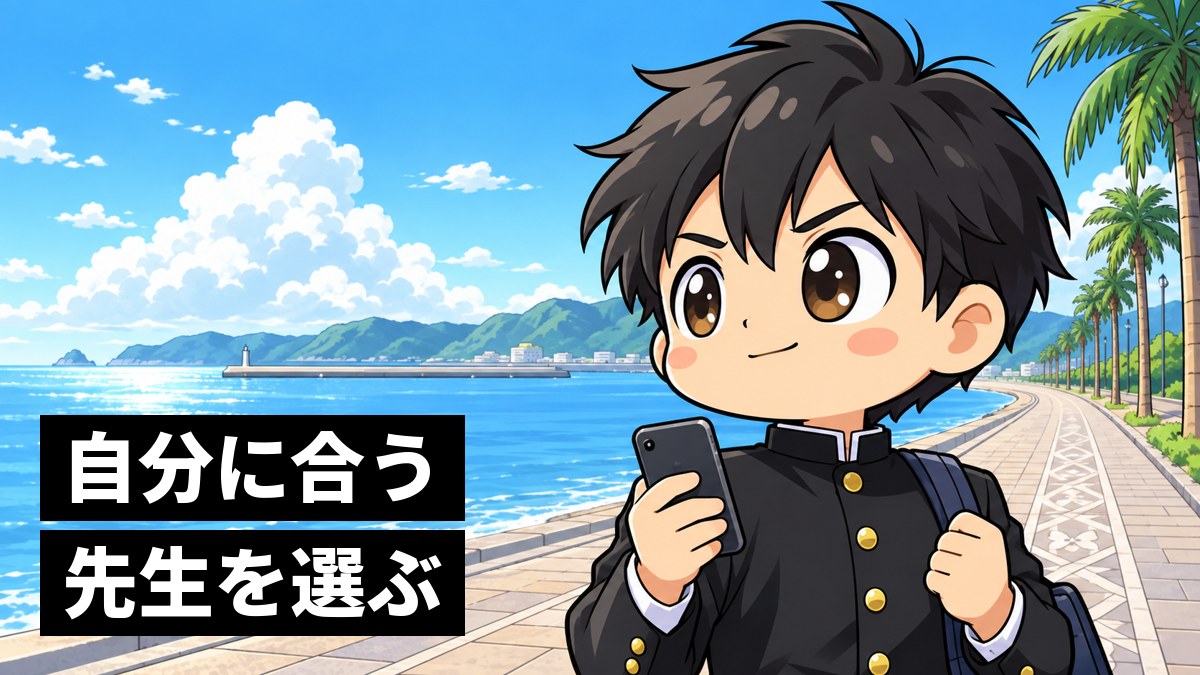 館山の海沿いの遊歩道で、スマートフォンを手に、決意の表情で前を見すえる学ラン姿の男子高校生。「自分に合う先生を選ぶ」の文字。
