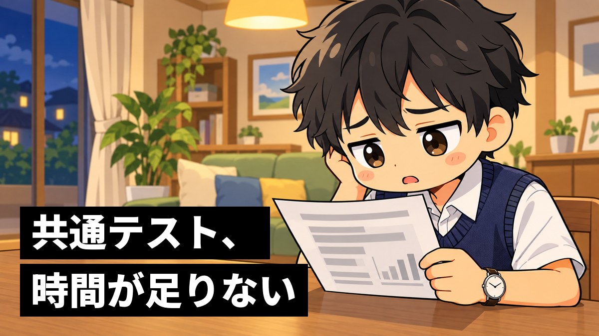 家のリビングのテーブルで、模試の結果の紙を手に、しょんぼり肩を落とす白シャツに紺ベストの男子高校生。「共通テスト、時間が足りない」の文字。