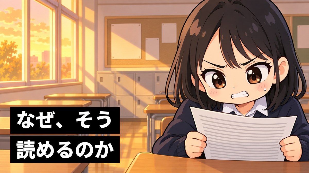 放課後の高校の教室で、長い英文のプリントをにらみ、悔しそうに歯を食いしばる紺のセーター姿の女子高校生。「なぜ、そう読めるのか」の文字。