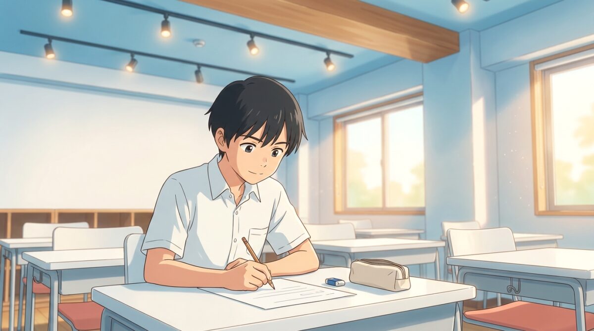 明るい塾の教室で漢字検定に向けて書き取り練習をする中学生のイラスト