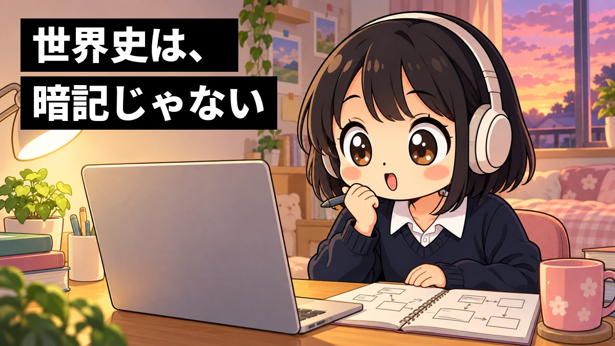 夕方の自分の部屋の机で、ヘッドホンをつけてノートパソコンの映像授業を見ながら、図解を書いたノートを前にぱっと目を輝かせる紺のセーター姿の女子高校生。「世界史は、暗記じゃない」の文字。