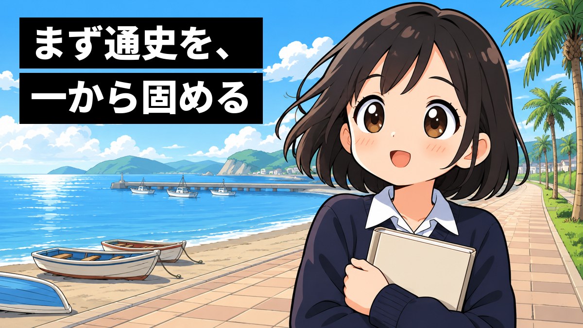 館山の海沿いの遊歩道で、テキストを胸に抱え、わくわくした顔で前を見る紺のセーター姿の女子高校生。「まず通史を、一から固める」の文字。