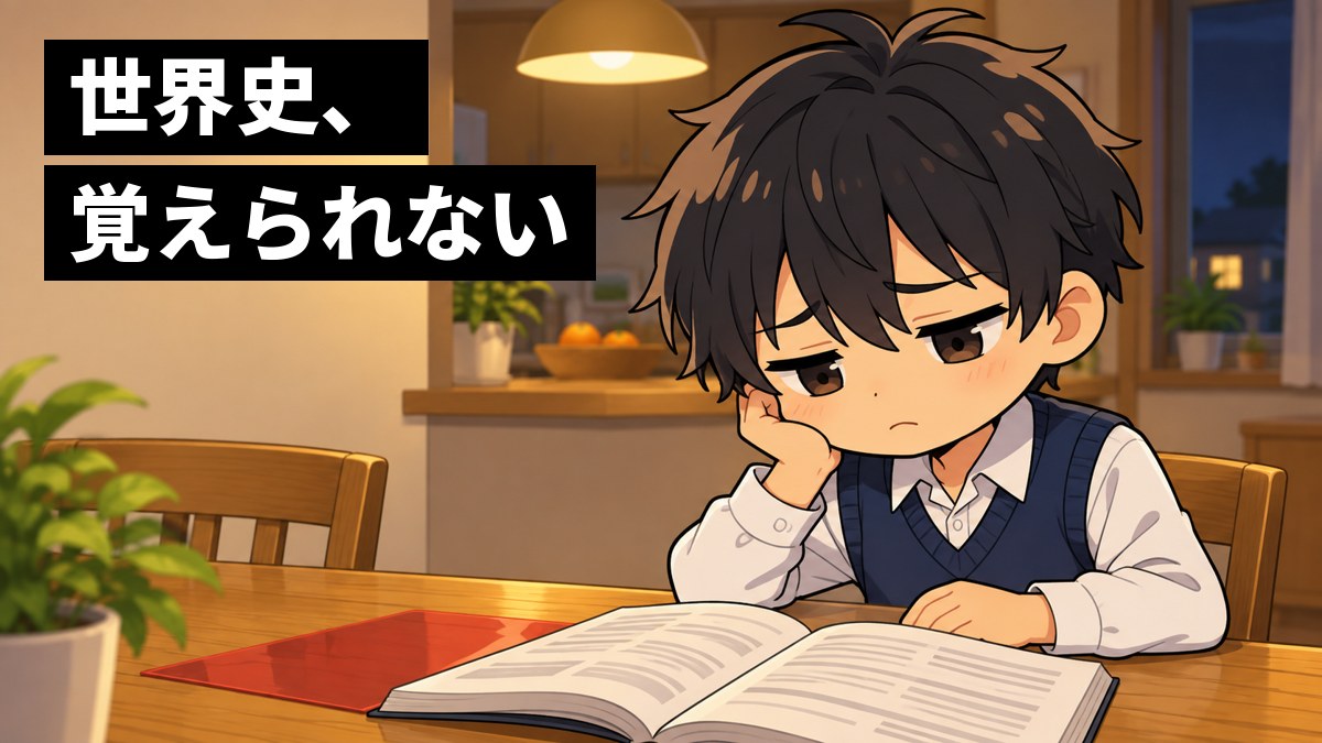 家のダイニングテーブルで、分厚い問題集を前に、覚えられずにしょんぼり肩を落とす白シャツに紺ベストの男子高校生。「世界史、覚えられない」の文字。