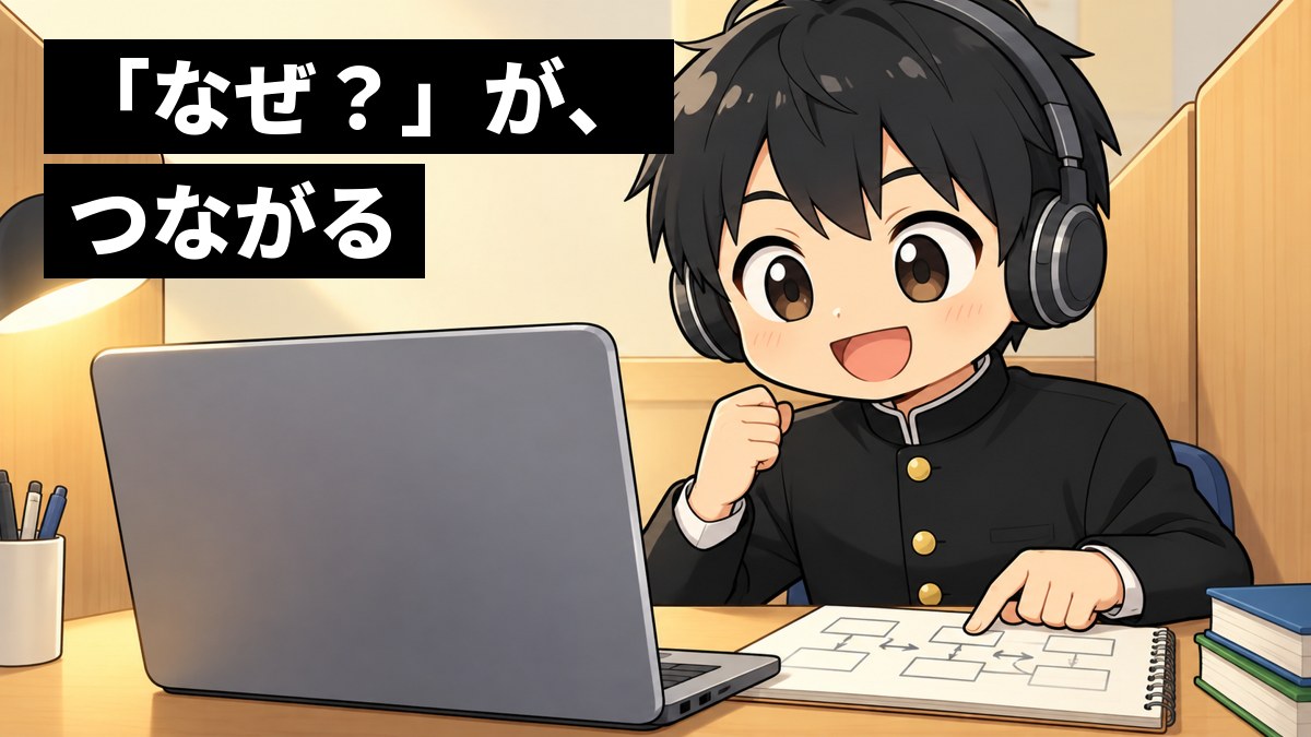 東進の受講ブースで、ヘッドホンをつけたまま、図解のノートを指さしてにっこり笑う学ラン姿の男子高校生。「「なぜ?」がつながる」の文字。