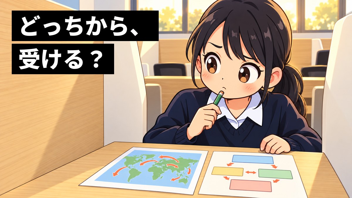 東進の受講ブースで、地図の講座案内と図解の講座案内を見比べ、鉛筆をあごに当てて迷う紺のセーター姿の女子高校生。「どっちから、受ける?」の文字。