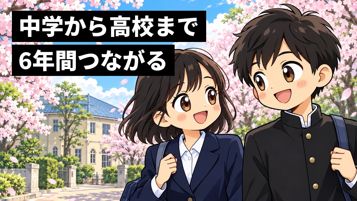 県立千葉中の古い記念館と満開の桜の前を、黒の詰襟の男子と紺のブレザーの女子が、楽しそうにおしゃべりしながら歩いている。「中学から高校まで 6年間つながる」の文字。