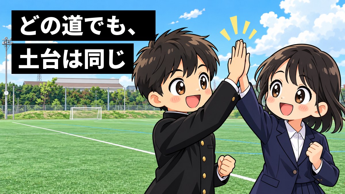 県立千葉中のグラウンドで、黒の詰襟の男子と紺のブレザーの女子が、顔を輝かせてハイタッチしている。「どの道でも、土台は同じ」の文字。
