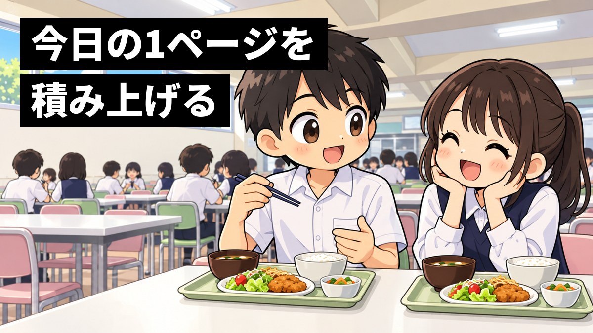 県立千葉中のランチルームで、白いテーブルに給食のトレーを置き、夏服の男子と女子がにっこり笑っておしゃべりしている。「今日の1ページを積み上げる」の文字。