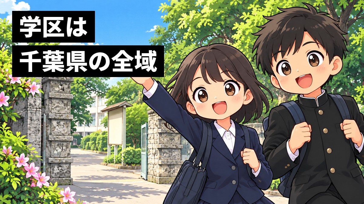 県立千葉中の石の門柱の校門を、黒の詰襟の男子と紺のブレザーの女子が、うれしそうに手を振りながらくぐっていく朝の場面。「学区は千葉県の全域」の文字。