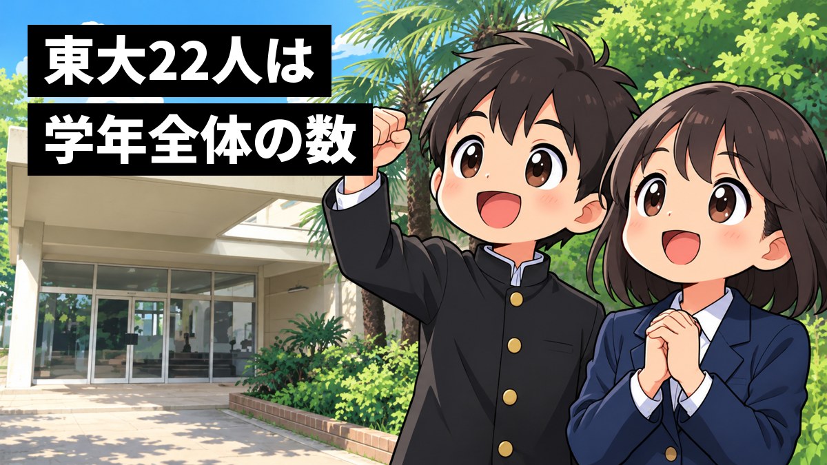 県立千葉中の校舎の玄関の前で、黒の詰襟の男子と紺のブレザーの女子が、こぶしを突き上げてわくわくした顔で将来の話をしている。「東大22人は学年全体の数」の文字。