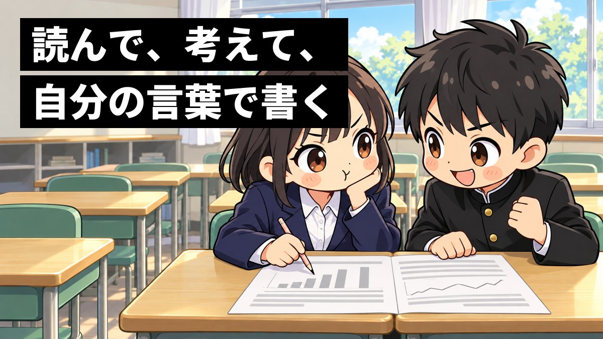 県立千葉中の教室で、グラフと長い文章の資料を挟んで、黒の詰襟の男子と紺のブレザーの女子が負けず嫌いな顔で楽しそうに意見を言い合っている。「読んで、考えて、自分の言葉で書く」の文字。