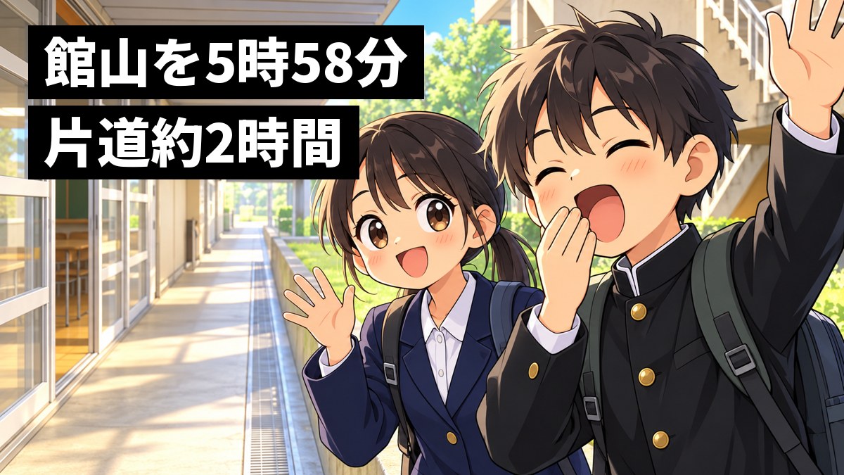 県立千葉中の朝の廊下で、リュックを背負ったまま、黒の詰襟の男子と紺のブレザーの女子が元気いっぱいに手を振ってあいさつしている。「館山を5時58分、片道約2時間」の文字。