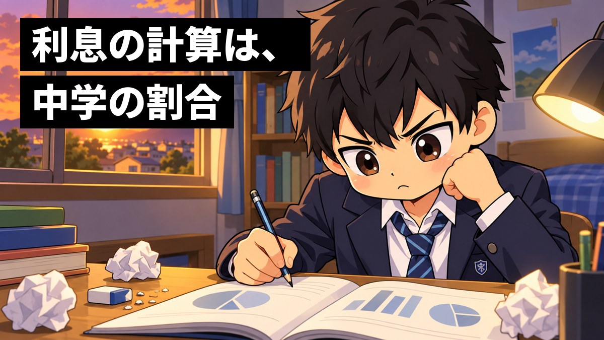 家の机で、制服の中学生の男の子が、数学の問題集を前に、解けなかった問題を悔しそうに口をとがらせてにらみ、もう一度鉛筆を握っている。「利息の計算は、中学の割合」の文字。