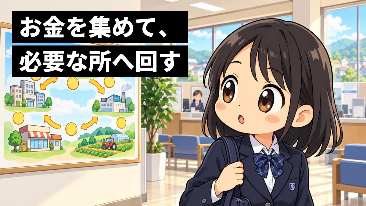 町の銀行のロビーで、制服の中学生の女の子が、家と工場とお店の間をコインが矢印でめぐる大きな絵の前で、目を丸くして見入っている。「お金を集めて、必要な所へ回す」の文字。