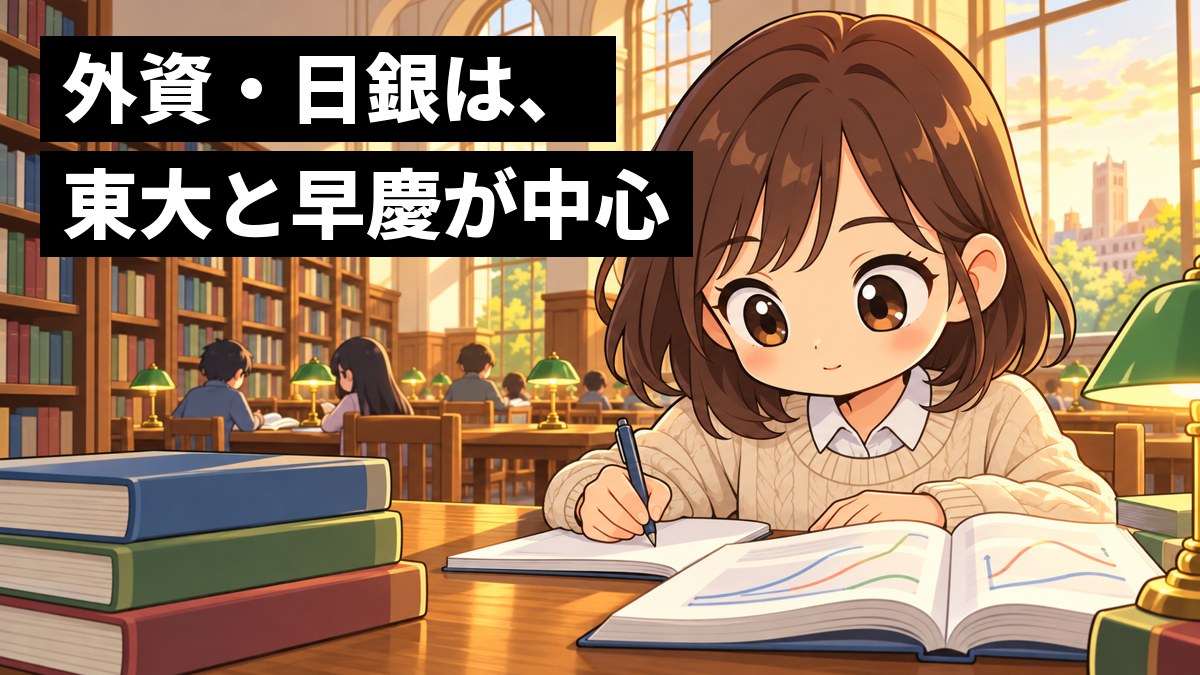 大学の図書館の窓ぎわの席で、私服の女子大学生が、経済の分厚い本とノートを広げ、グラフに夢中になってペンを走らせている。「外資・日銀は、東大と早慶が中心」の文字。