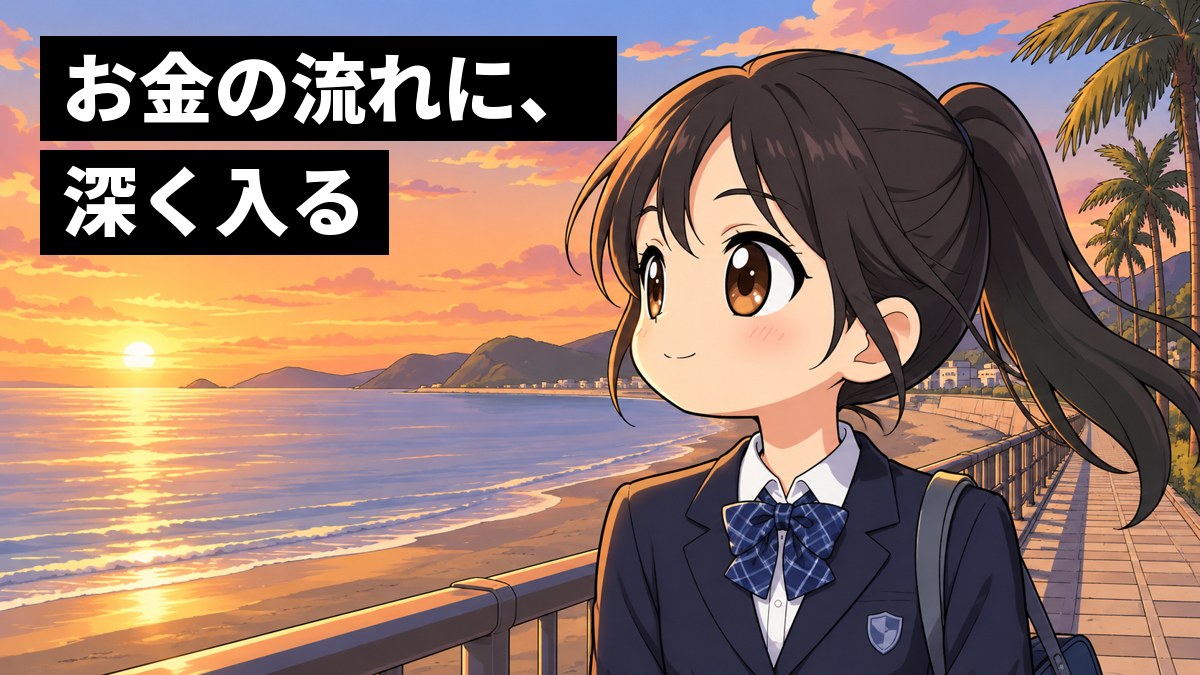 館山の北条海岸の遊歩道で、制服の中学生の女の子が、夕方の海の向こうを見つめ、これからの自分に期待して目を輝かせている。「お金の流れに、深く入る」の文字。