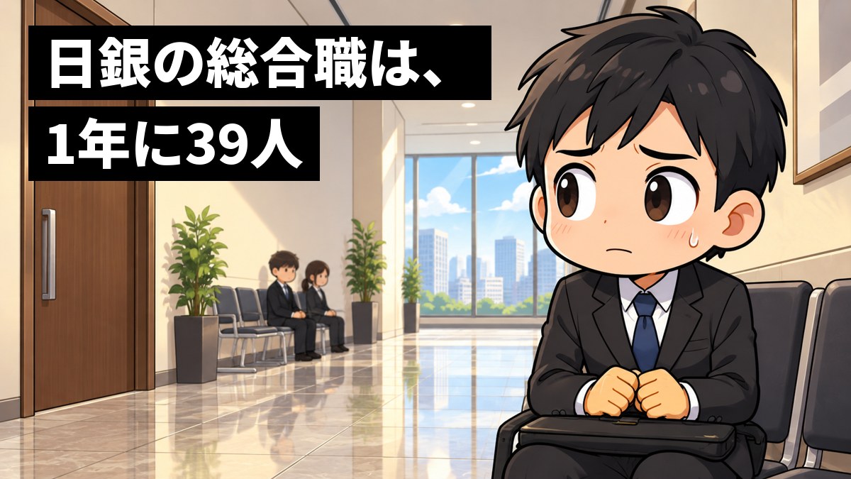 大きな会社の面接会場の廊下で、黒いリクルートスーツの男子大学生が、椅子に座って不安そうに両手を握りしめ、閉じたドアを見つめている。「日銀の総合職は、1年に39人」の文字。
