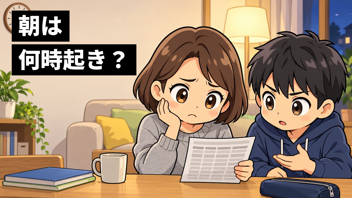 夜のリビングで、母親が電車の時刻表を手に心配そうに眉を寄せ、隣で中学3年生の息子が真剣な顔で通学の計画を説明している。「朝は何時起き?」の文字