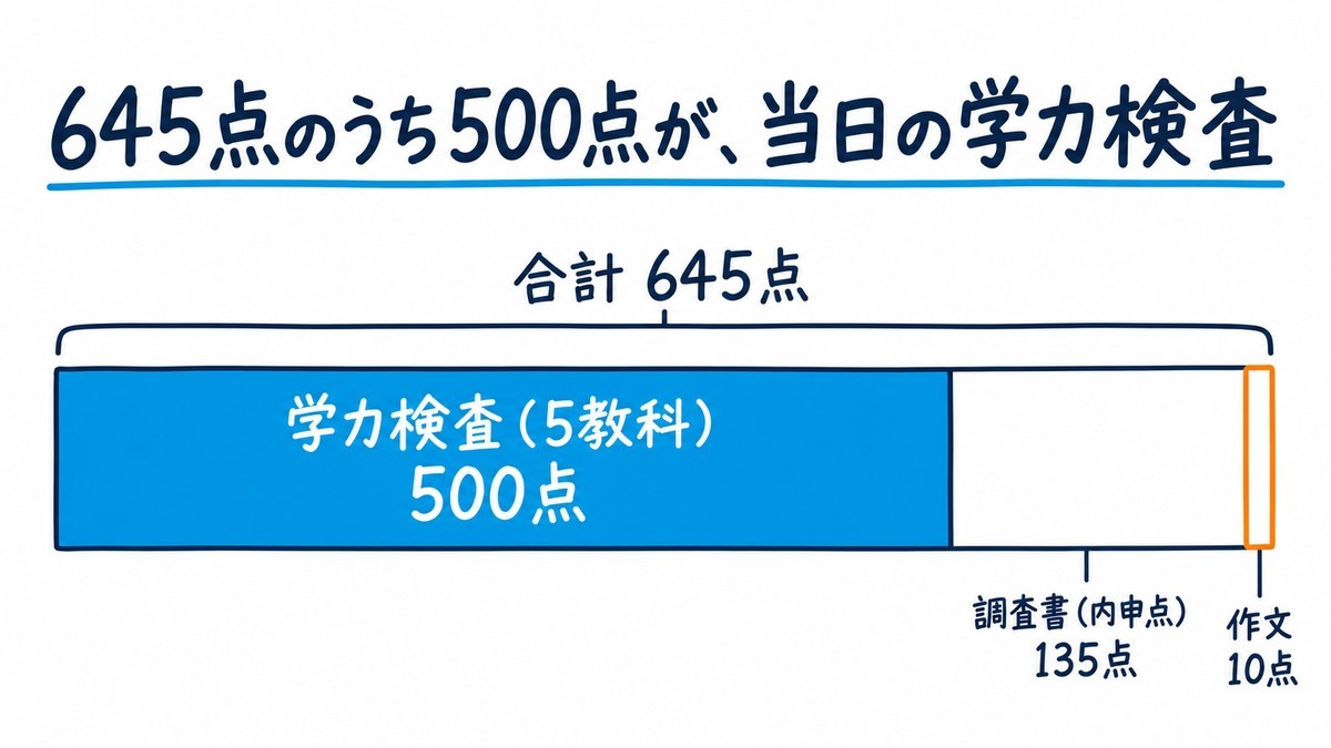 木更津高校の入試の配点を1本の帯にした手描きの図解。学力検査(5教科)500点、調査書(内申点)135点、作文10点で、合計645点。見出しは「645点のうち500点が、当日の学力検査」