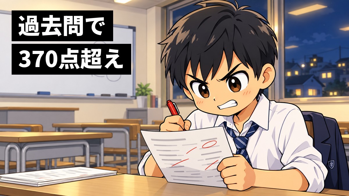 夜の塾の教室で、中学3年生の男子が赤ペンを握りしめ、採点した過去問の答案をにらんで歯を食いしばっている。「過去問で370点超え」の文字