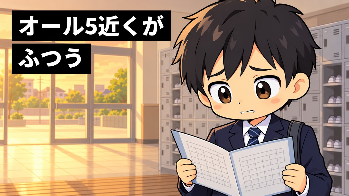 学期末の中学校の昇降口で、中学3年生の男子が開いた通知表を見つめ、眉を下げて不安そうに唇をかんでいる。「オール5近くがふつう」の文字