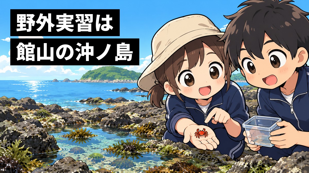 館山・沖ノ島の磯で、野外実習の高校生2人が潮だまりをのぞきこみ、小さなカニを見つけて目を輝かせている。「野外実習は館山の沖ノ島」の文字