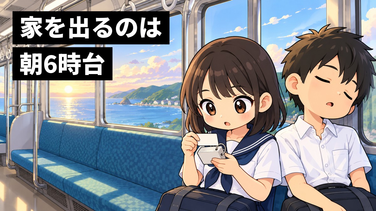 朝の内房線の車内で、木更津高校の夏服の女子が英単語カードに没頭し、隣の男子が窓にもたれて居眠りしている。「家を出るのは朝6時台」の文字