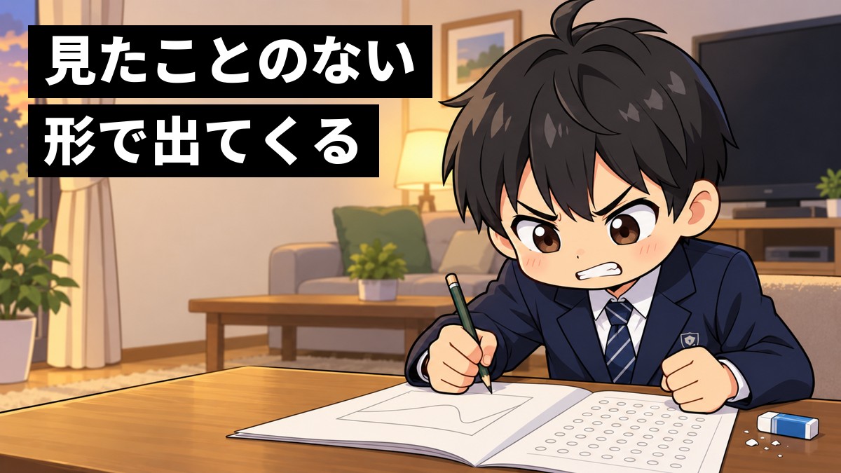 リビングのテーブルで、中学3年生の男子がマークシートの過去問を前に、解けない計算問題に悔しそうに歯を食いしばって鉛筆を握っている。「見たことのない形で出てくる」の文字