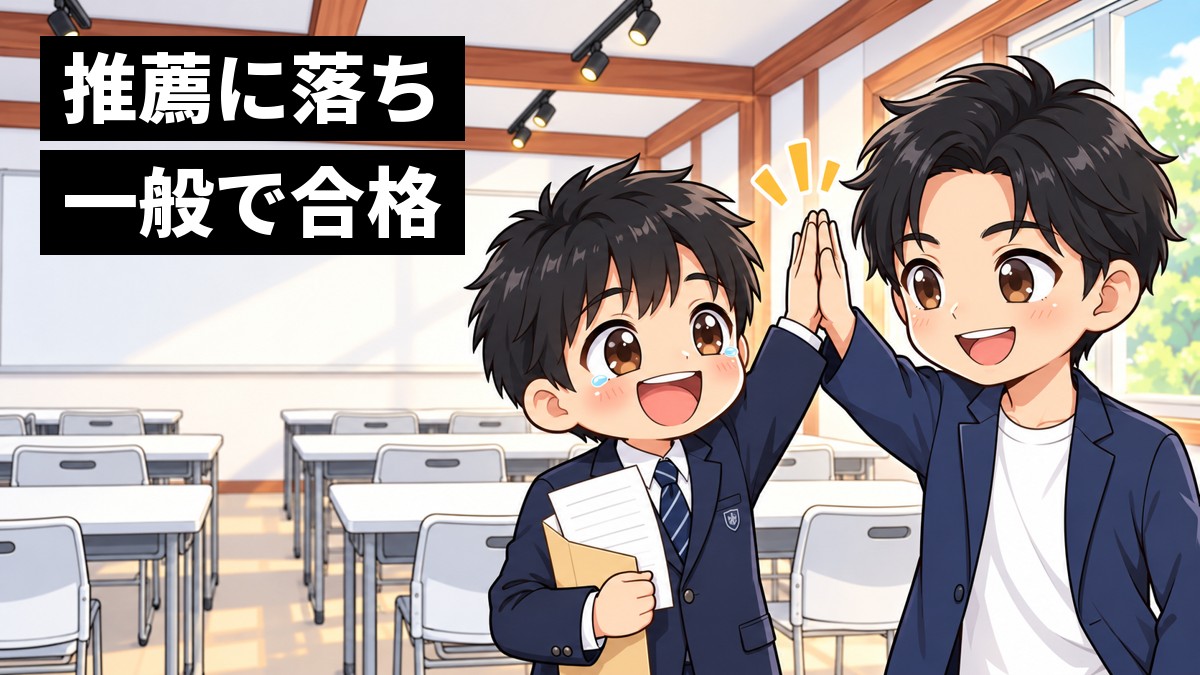 ランゲージ・ラボラトリーの教室で、合格通知を手にした中学3年生の男子と塾長が、満面の笑顔でハイタッチをしている。「推薦に落ち一般で合格」の文字