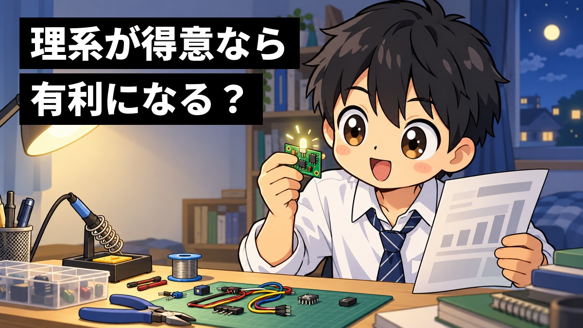 夜の自宅の机で、中学3年生の男子が片手に模試の成績表、もう片方の手に自分で作った小さな電子回路を持ち、光るLEDを目を輝かせて見つめている。「理系が得意なら有利になる?」の文字