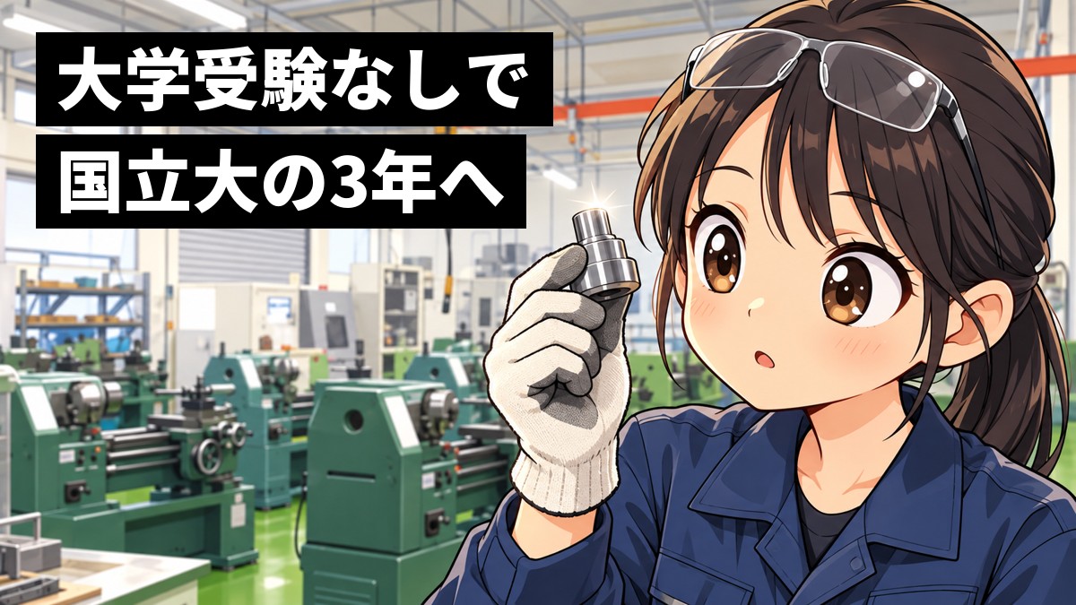 木更津高専の実験実習棟で、作業着と保護めがねの高専生の女子が、旋盤で削り出した金属の部品を光にかざし、夢中で見つめている。「大学受験なしで国立大の3年へ」の文字