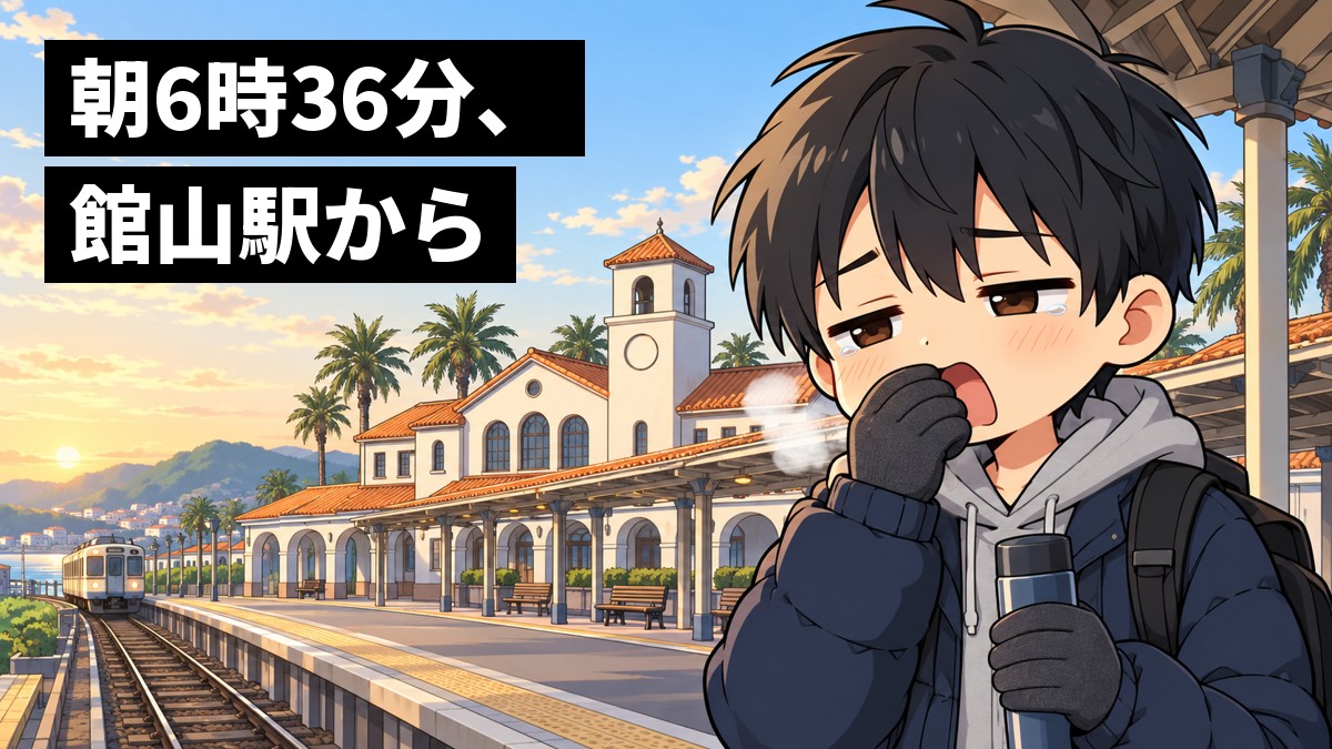 冬の早朝の館山駅のホームで、私服にリュックの高専生の男子が、白い息を吐きながら眠そうにあくびをかみ殺して電車を待っている。「朝6時36分、館山駅から」の文字