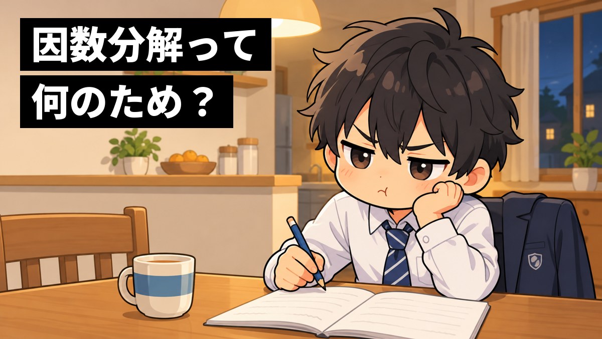 家のダイニングテーブルで、館山中の制服の中学3年生の男子が数学のノートを前にほおづえをつき、「将来使うの?」とむっとして口をとがらせているイラスト。「因数分解って何のため?」の文字。