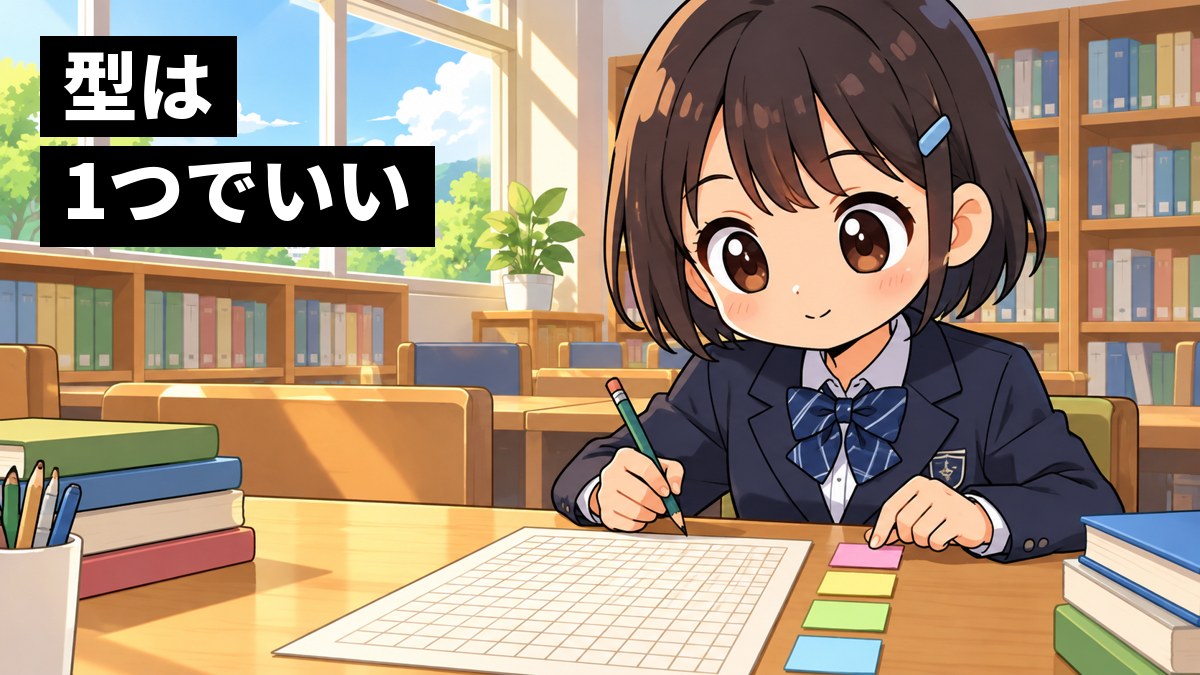 学校の図書室の机で、館山中の制服の中学3年生の女子が原稿用紙の横に4枚の付せんを縦に並べ、作文の段落を組み立てるのに夢中になっているイラスト。「型は1つでいい」の文字。