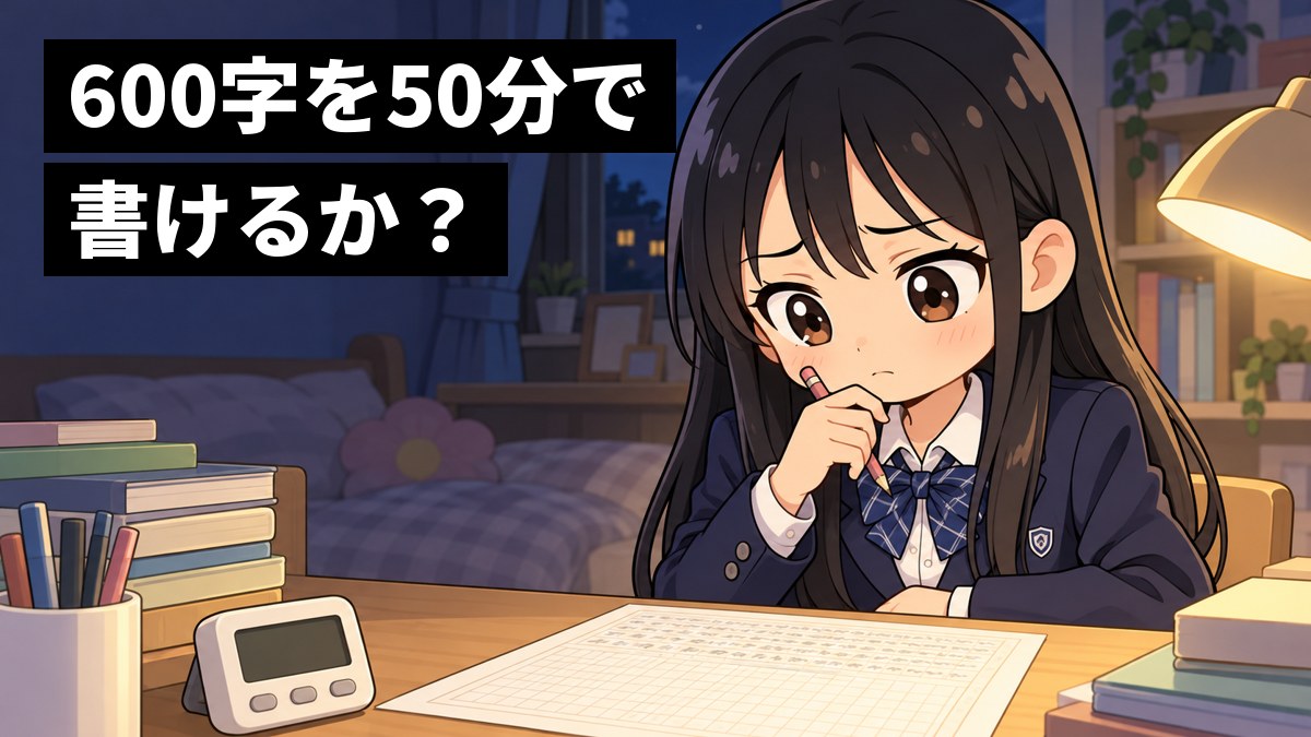 夜の自分の部屋の机で、館山中の制服の中学3年生の女子が、半分しか埋まっていない原稿用紙とタイマーを前に、不安そうに眉を下げているイラスト。「600字を50分で書けるか?」の文字。