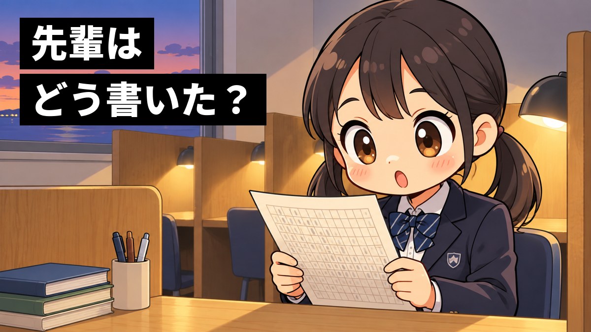 放課後の塾の自習ブースで、館山中の制服の中学3年生の女子が合格した先輩の作文のコピーを両手で持って読み、目を見開いて感心しているイラスト。「先輩はどう書いた?」の文字。