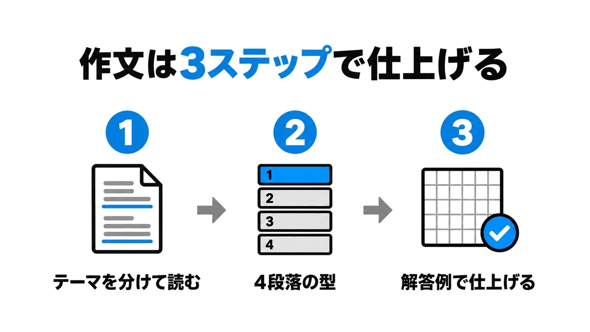 「作文は3ステップで仕上げる」の図解。1 テーマを分けて読む、2 4段落の型、3 解答例で仕上げる。
