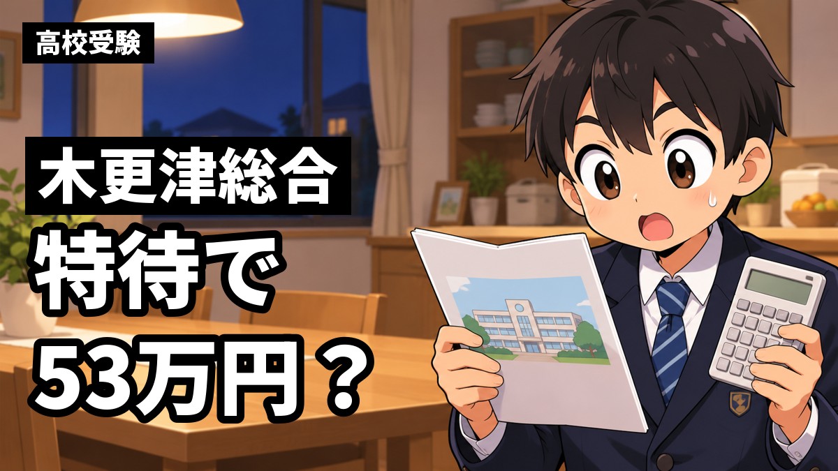 夜の自宅の食卓で、中学3年生の男子が電卓と高校の案内を手に、計算した金額の大きさに目を丸くして驚いている。「木更津総合」「特待で53万円?」の文字