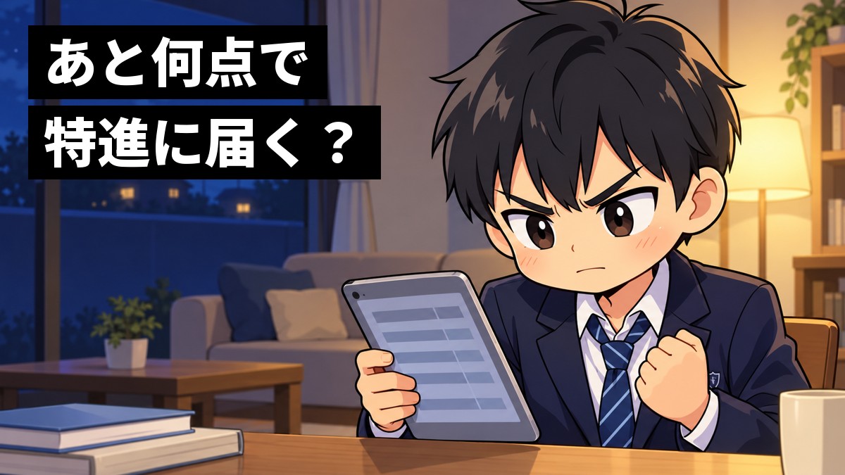 夜の自宅のリビングで、中学3年生の男子がタブレットに映る偏差値の一覧を見つめ、あと少し届かない数字にむっとして拳を握っている。「あと何点で特進に届く?」の文字
