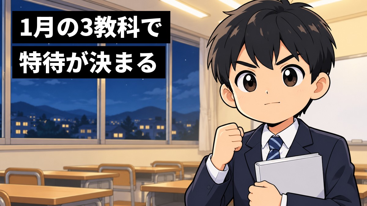 冬の夜の塾の教室で、中学3年生の男子が数学の参考書を胸に抱え、口を固く結んで決意に満ちた目で前を見すえている。「1月の3教科で特待が決まる」の文字