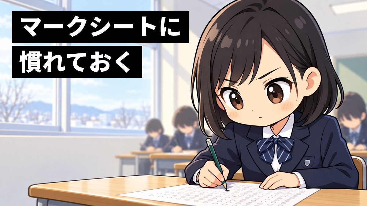 冬の模試の会場で、中学3年生の女子がマークシートの答案に鉛筆で印を塗りながら、夢中で問題に取り組んでいる。「マークシートに慣れておく」の文字
