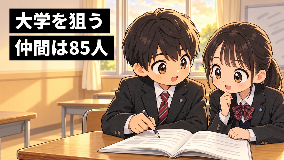 放課後の高校の教室で、ブレザーの木更津総合高校の男女2人が1冊の問題集を囲み、解き方を見つけて目を輝かせながら夢中で話し込んでいる。「大学を狙う仲間は85人」の文字