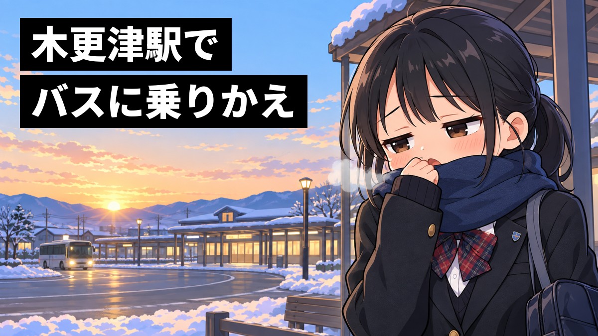 冬の早朝、駅前のスクールバス乗り場で、ブレザーにマフラーの木更津総合高校の女子が、白い息を吐きながら眠そうにバスを待っている。「木更津駅でバスに乗りかえ」の文字